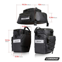 Pannier Bag 75L in black, crafted from water-resistant 500D PVC Twill Fabric. Top dimensions: 31x15x49 cm (12.2x5.9x19.3 inches), side dimensions: 29.5x15x34 cm (11.6x5.9x13.4 inches), weight: 2300 g (5.1 lbs). Image shows all parts of the bag displayed separately with detailed measurements in both inches and centimeters.