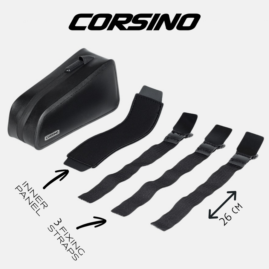 Corsino Frame Bag 1.2L in black, made of waterproof TPU, with a streamlined design, anti-shock neoprene foam protection, and removable straps. Dimensions: 20x6x10cm, weight: 180g. Featuring an inner panel and 3 fixing straps.